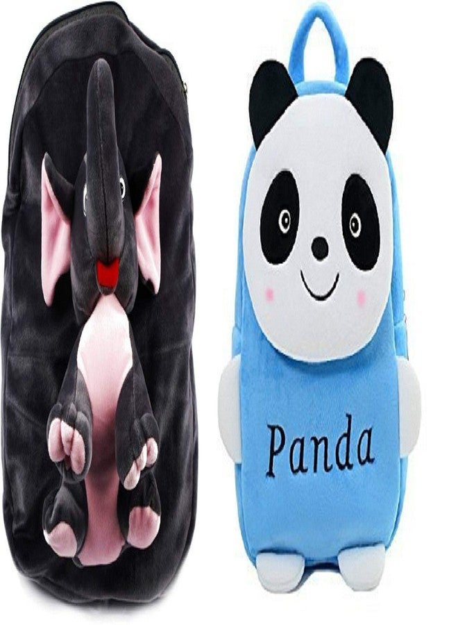 Black Hill School Bag for Kids Soft Plush Backpack Combo Cartoon Bags Mini Travel Bag for for Girls Boys Toddler Baby (Full Body Elephant & Blue Panda) - Image 2